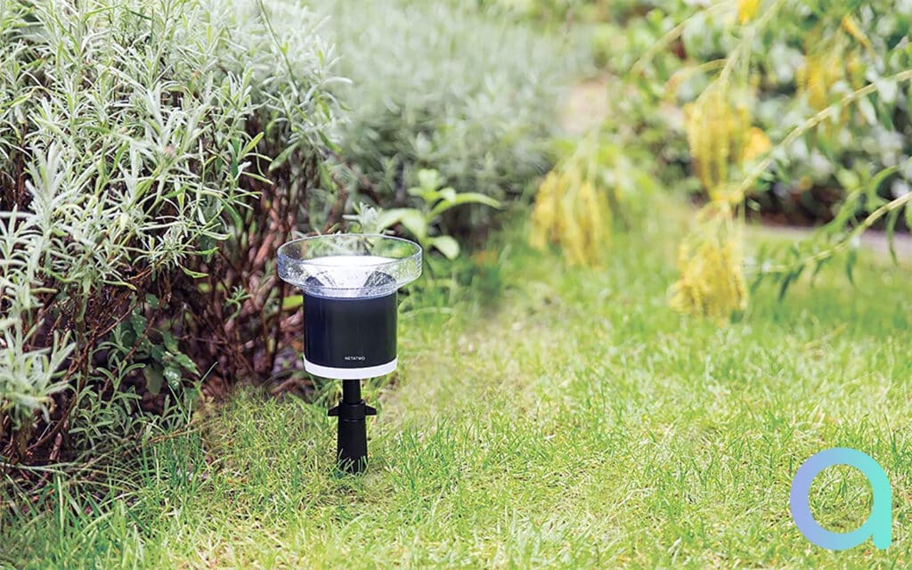 Photo montrant le pluviomètre connecté de Netatmo dans un jardin