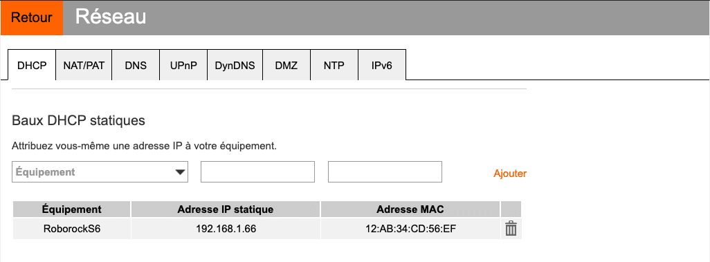 Baux DHCP statiques Aspirateur Roborock S6
