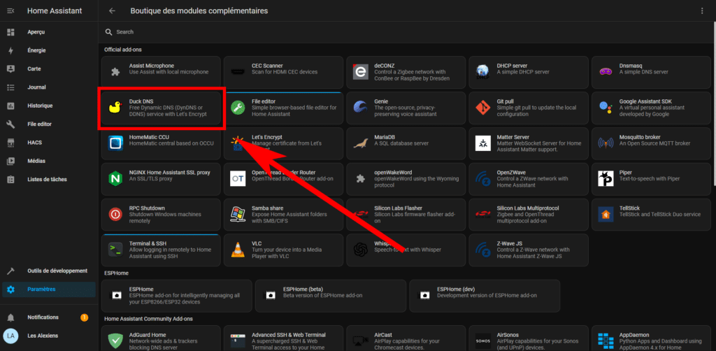Activer l'add-on officiel DuckDNS sous Home Assistant