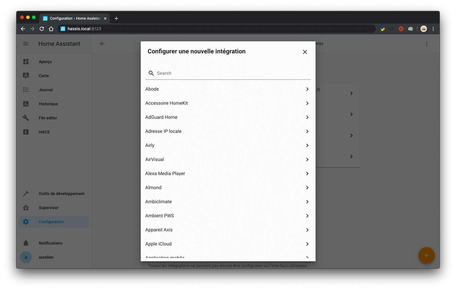 configurer une intégration home assistant