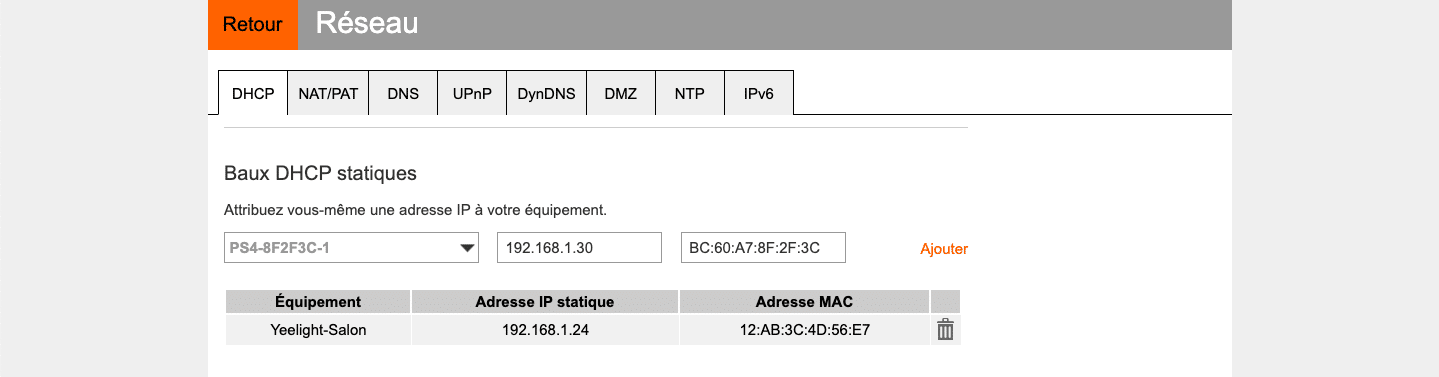 Interface de la livebox Orange pour Baux DHCP statiques