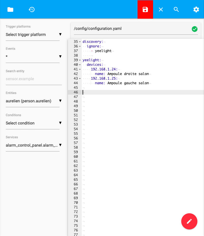 capture d'écran du fichier configuration.yaml de notre serveur home assistant avec l'intégration des ampoules yeelight