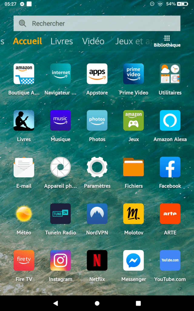 L'écran d'accueil de la Fire HD 8