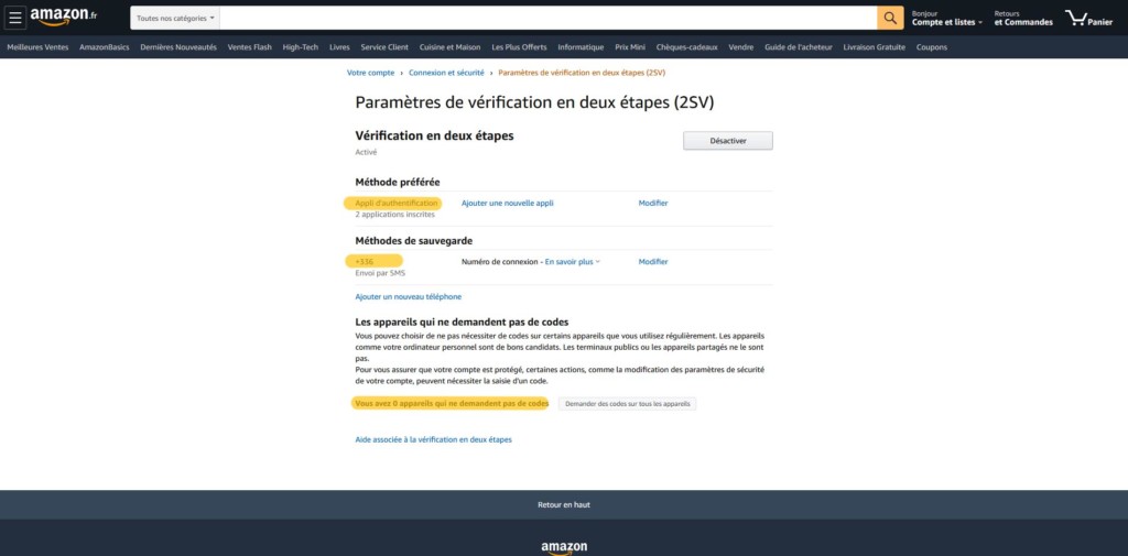 Activer la double authentification sur Amazon