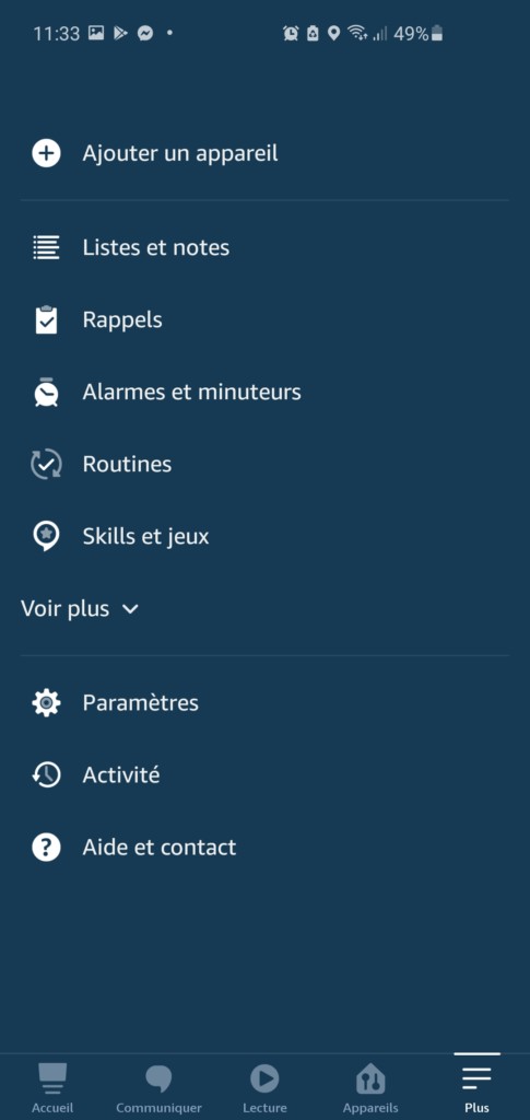 Menu de l'application Alexa