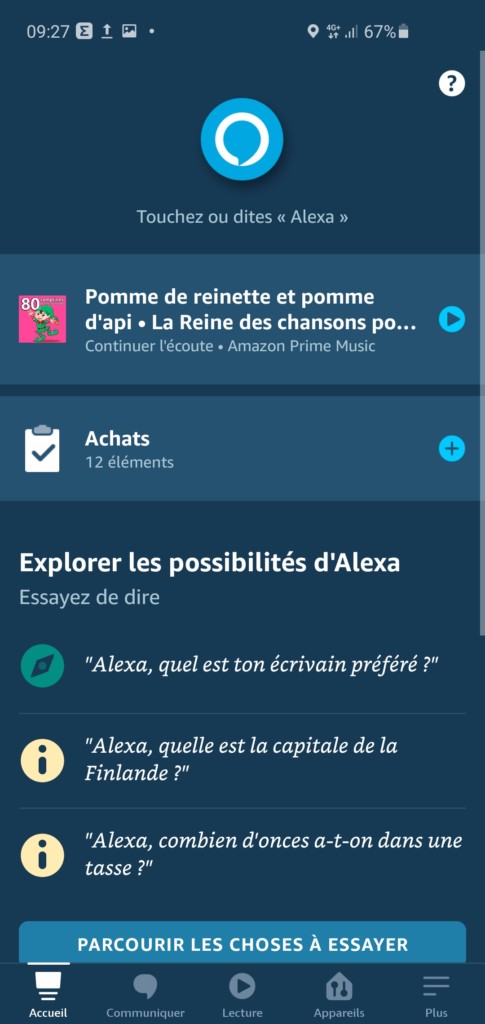 L'accueil de l'application Alexa