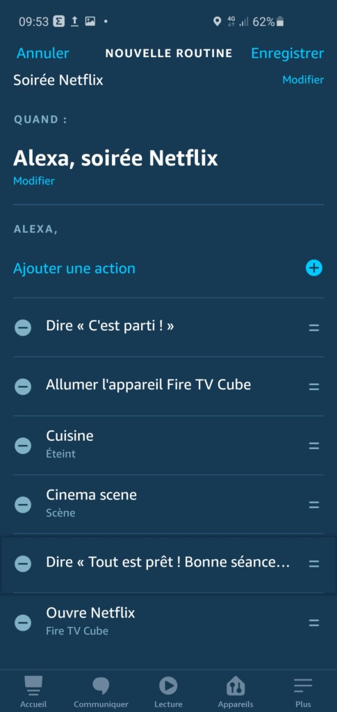 Exemple de routines Fire TV dans l'application Alexa