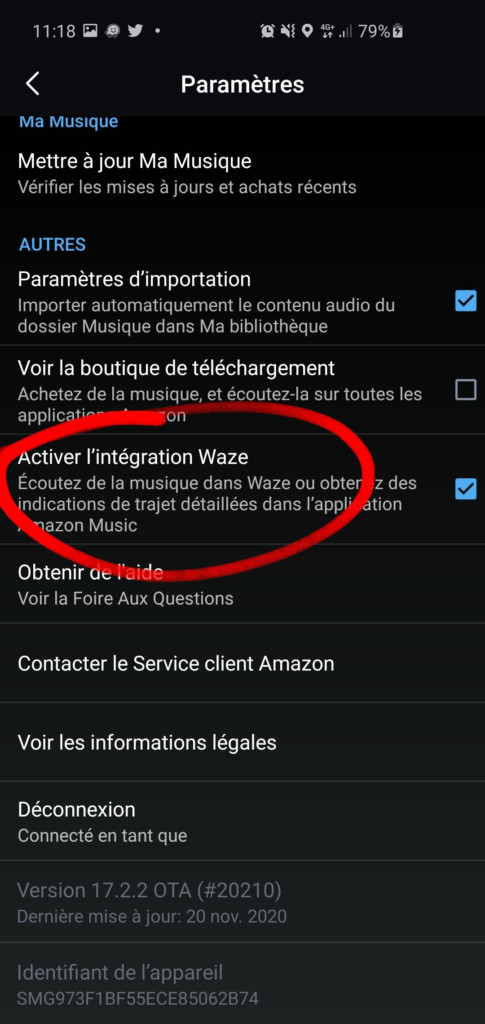 Activer l'intégration Waze dans l'application Amazon Music