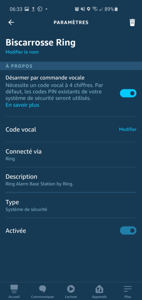 La Basr Ring Alarm dans l'application Alexa