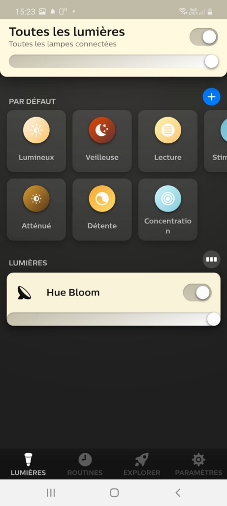 Appelation Hue Bloom après nouvelle installation dans l'application Hue Bluetooth et affichage du choix de blanc