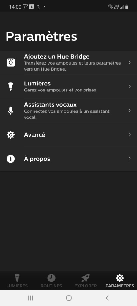 Page parametre de l'application Philips Hue Bluetooth