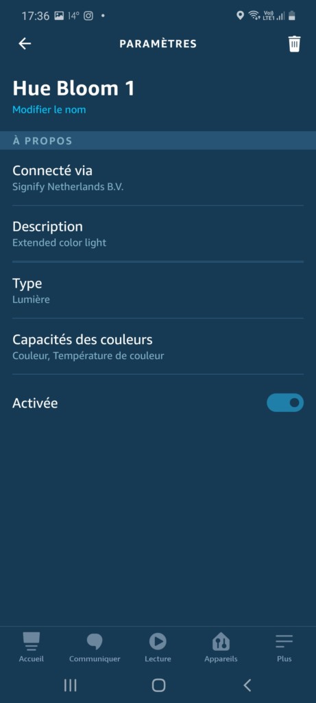 Page paramètre de la Philips Hue Bloom dans Alexa