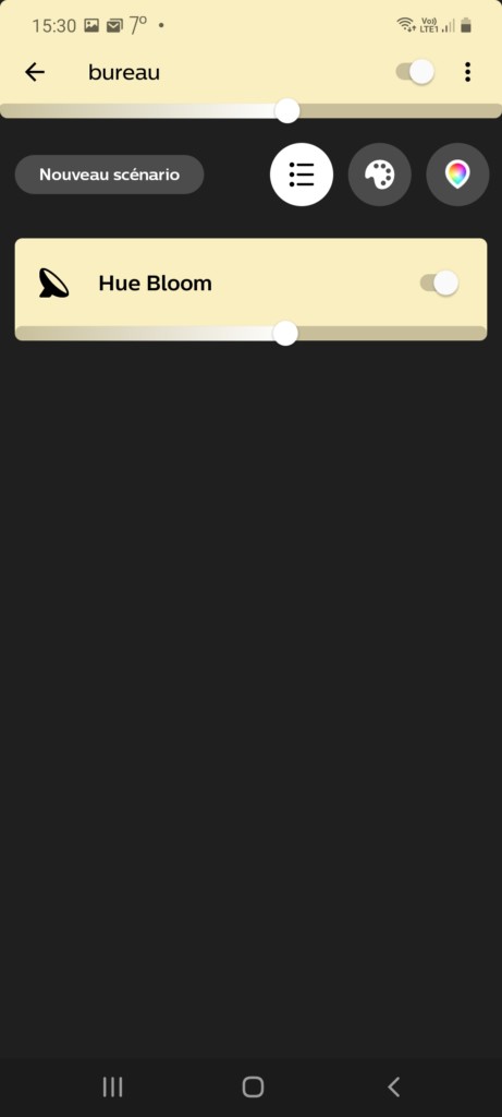Page de réglage manuel dans l'application de la Philips Hue Bloom