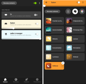 Application Philips Hue avec pages de creation de pièce et de scénario