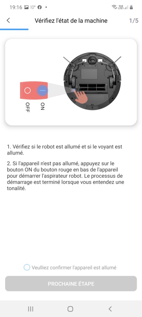 Début d'instruction pour appariement du robot asiprateur 850T