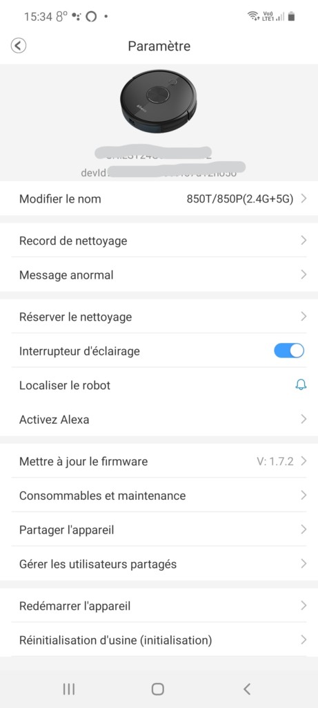 Page paramètre de l'application ProscenicHome_LI