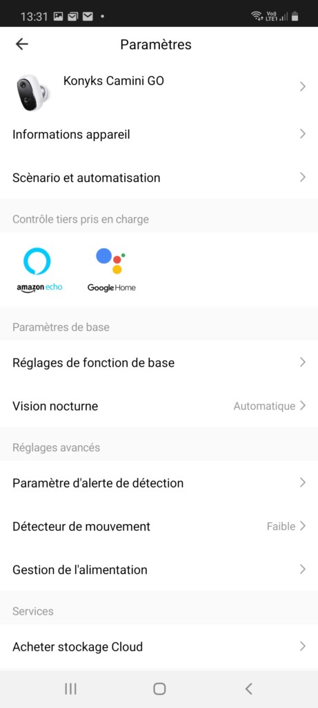 Page paramètre de l'application Konyks pour la Camini GO