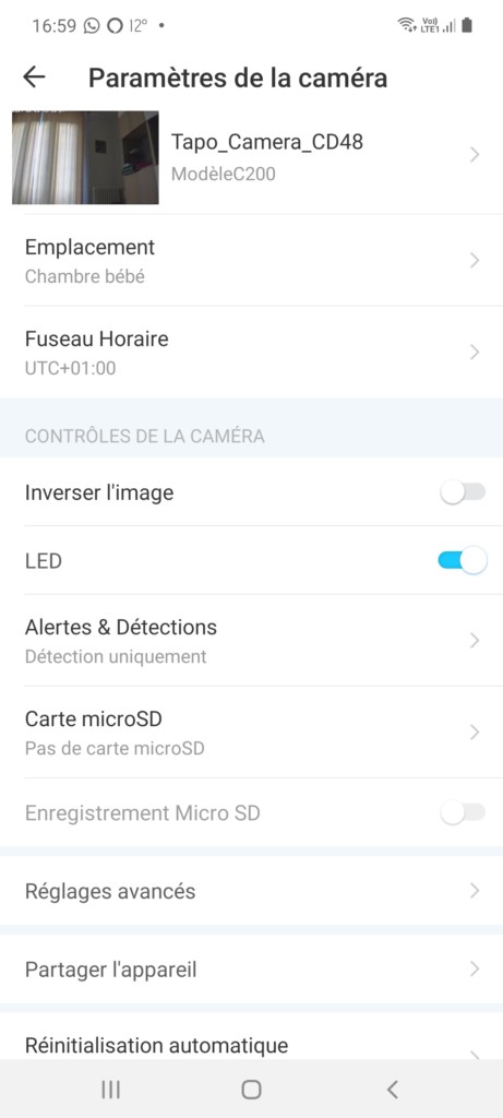 Page paramètres de l'application Tapo pour la caméra d'intérieur Tp-Link Tapo C200