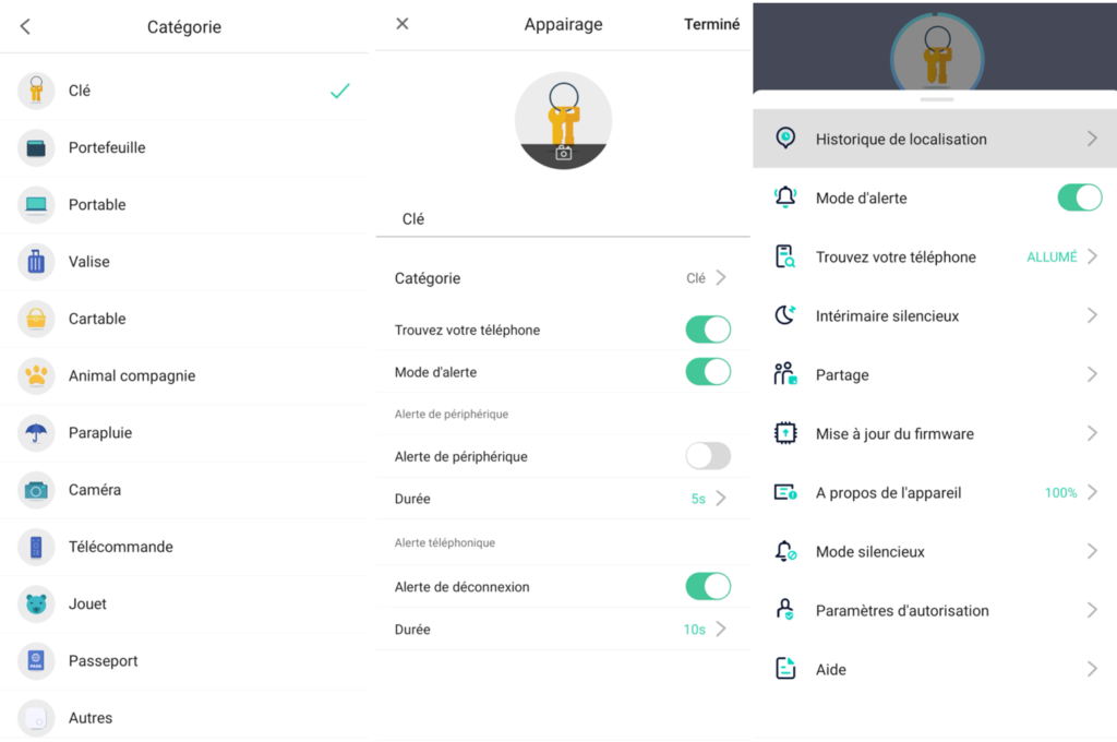 menus de l'application Nut pour les traqueurs Nutale Focus