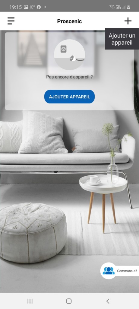 page d'accueil de l'application ProscenicHome avec ajout appareil