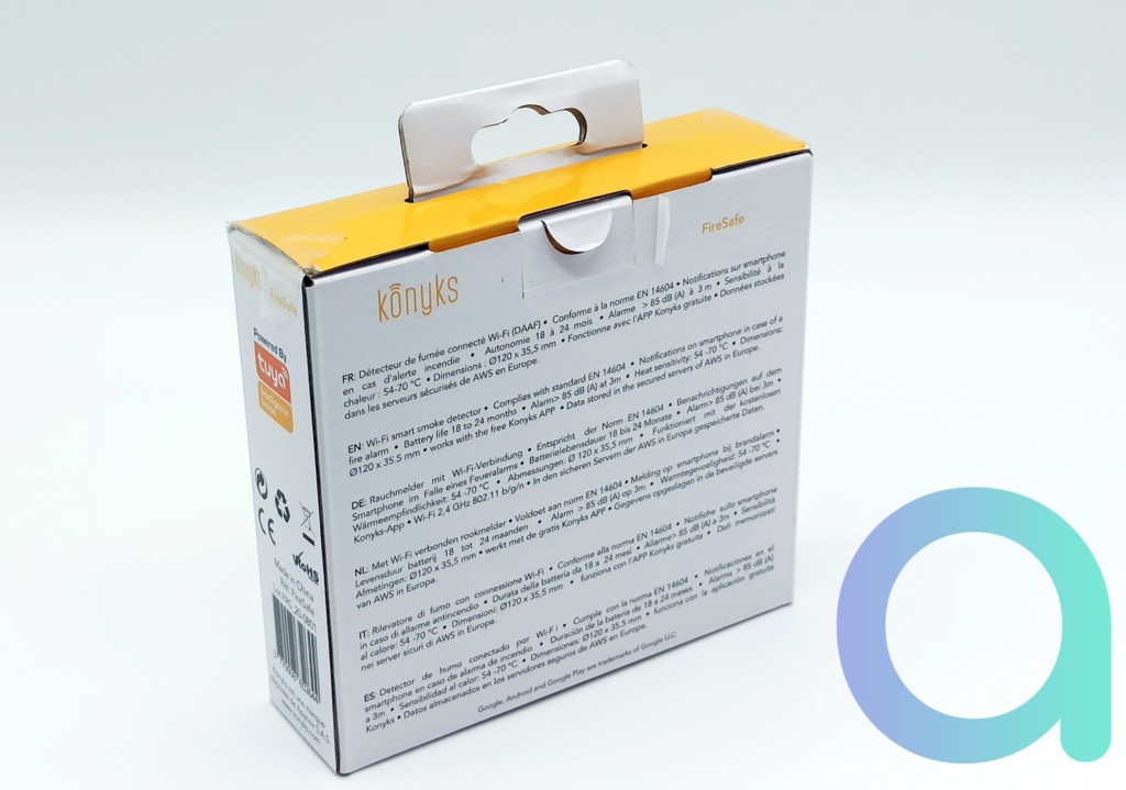 Face arrière du packaging du détecteur de fumée connecté Konyks FireSafe