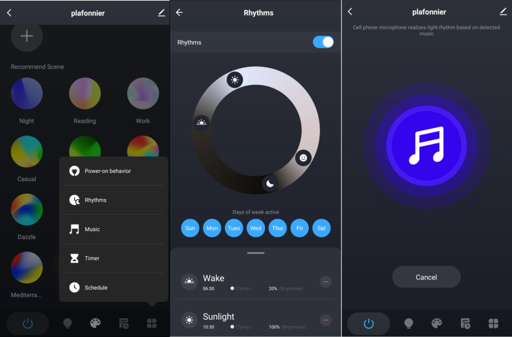 Foncitions circadien et musique de l'application Smart Life pour le plafonnier AQOTER