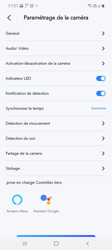 Menu paramètre de l'application Teckin pour la caméra TC100