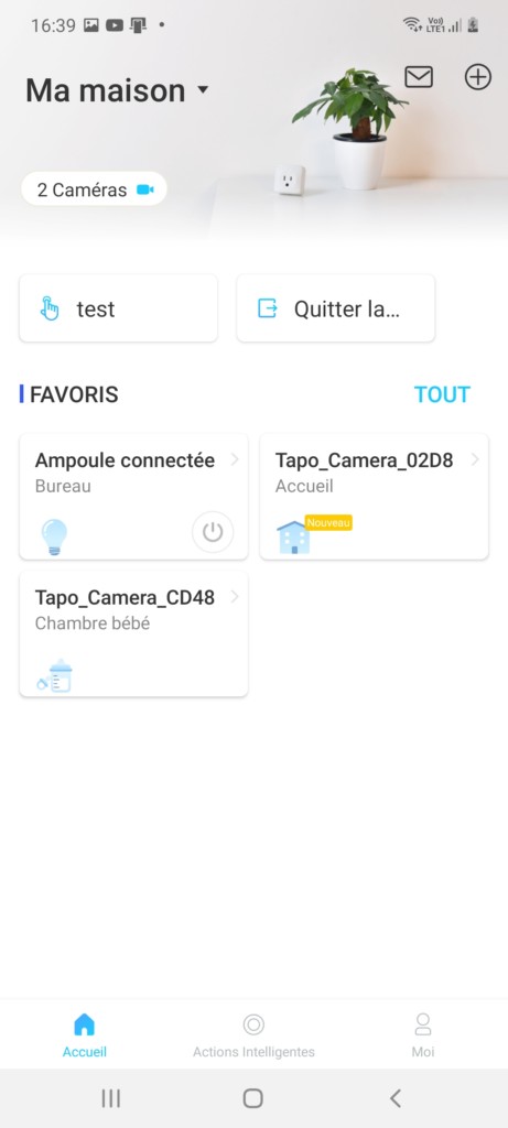 Page d'accueil de l'application Tapo avec intégration de la caméra connectée extérieure C310