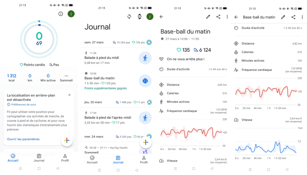 Page de menu sport dans l'application Google Fit