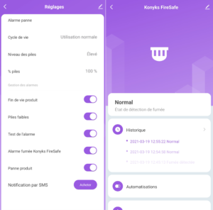 Page paramètres du FireSafe Konyks
