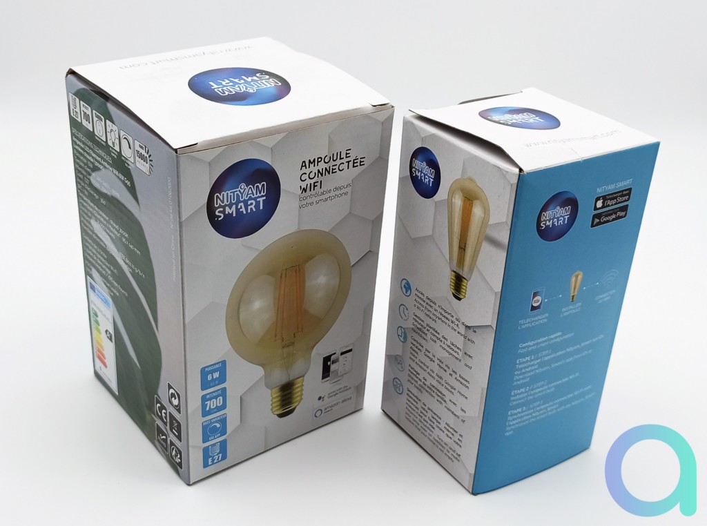 packaging ampoules connectées LED G95 et ST64 de Nityam Smart