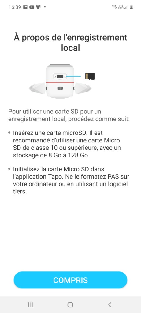 rappel pour le stockage sur carte micro SD pour la caméra Tapo C310