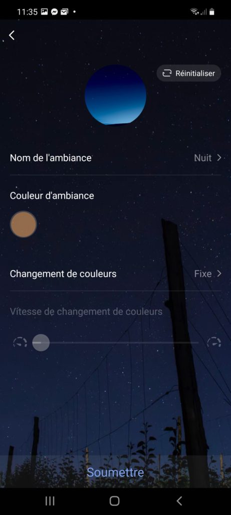 Page paramètres modifiables de l'onglet Ambiance de l'application Konyks