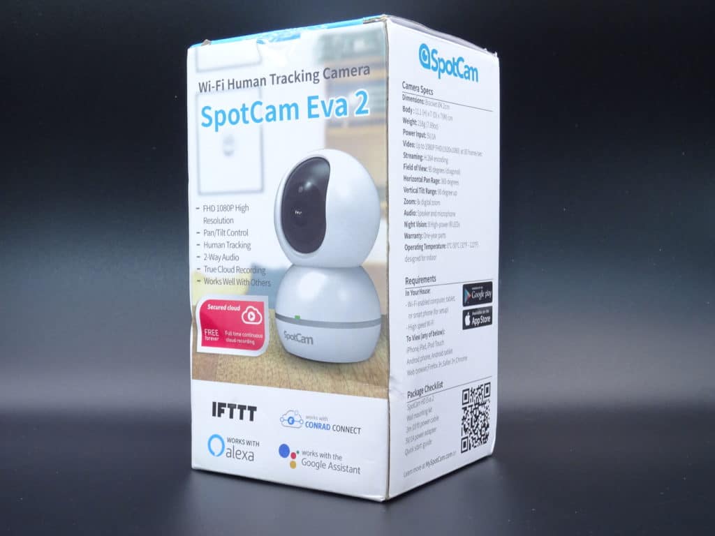 Packagin avant de la caméra d'intérieur Spotcam Eva 2 compatible avec Amazon Alexa et Google Assistant
