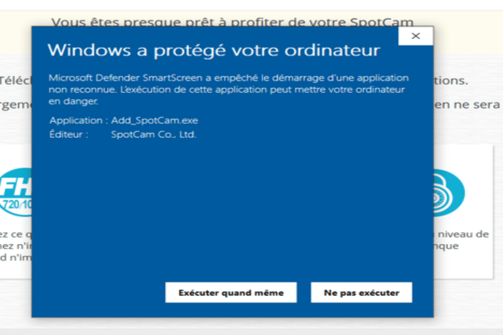 message d'avertissement de Windowe pour l'exécution du fichier Add SpotCam