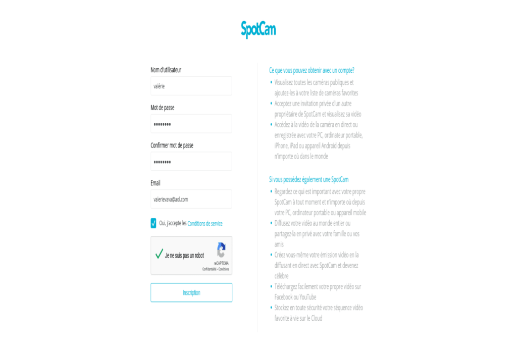 Page d'incrisption sur l'application myspotcam