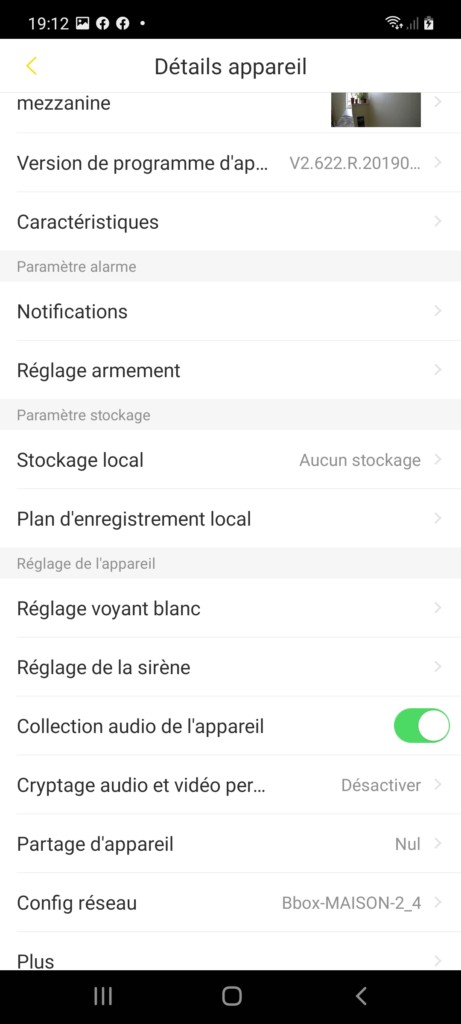 menu paramètres dans l'application Yale de la caméra de porte