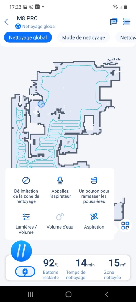 choix des différentes forces d'aspiration et débits d'eau