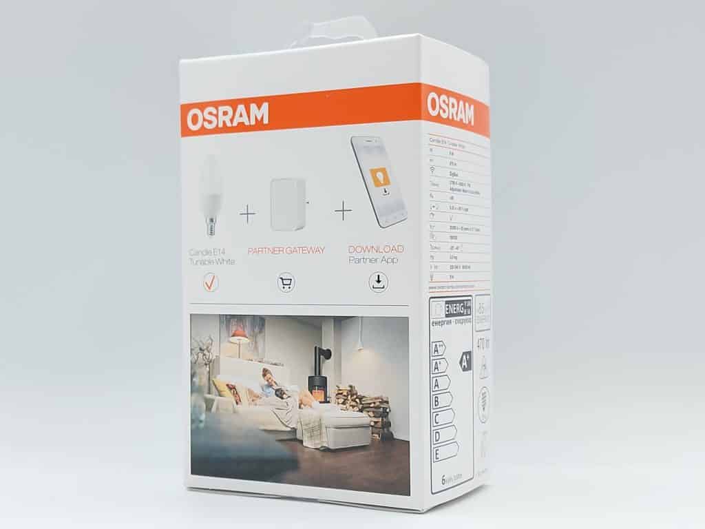 Packaging arrière avec mention d'un hub ZigBee necessaire pour l'ampoule Osram Smart + candle E14 tunable White