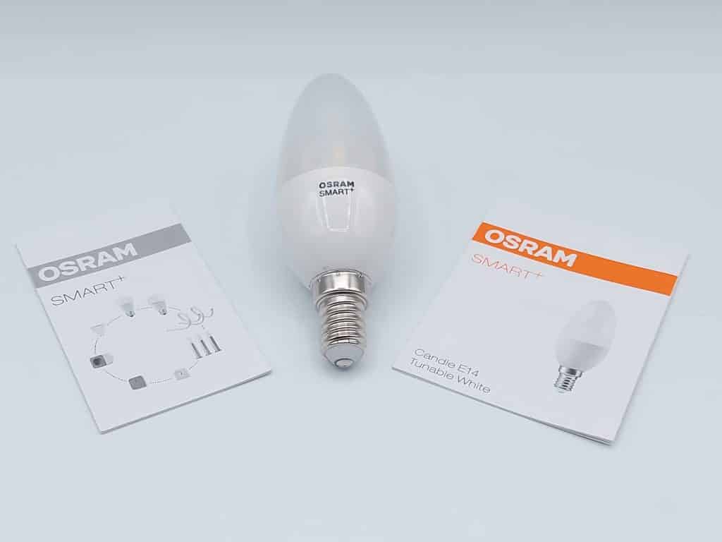 Osram Smart + E14 ampoule flamme connectée dimmable avec ses flyers : certificat de conformité et manuel d'installation rapide