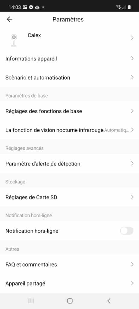 Page paramètres de la caméra Indoor Calex