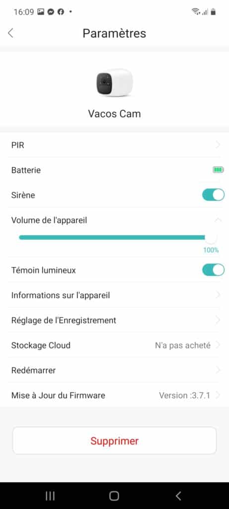 page parmètre de l'application Vacos