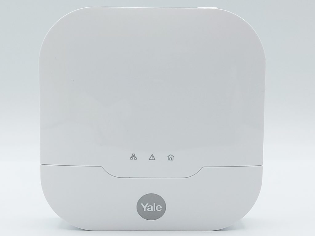 Face de la centrale de l'alarme Sync Yale avec les 3 LED de fonctionnement