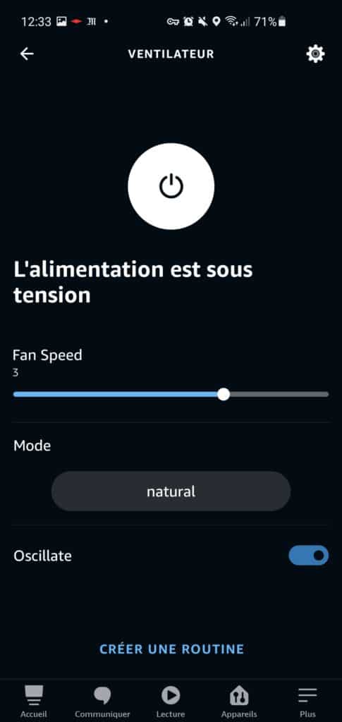 Le ventilateur Smartmi Standing Fan 3 dans l'application Alexa