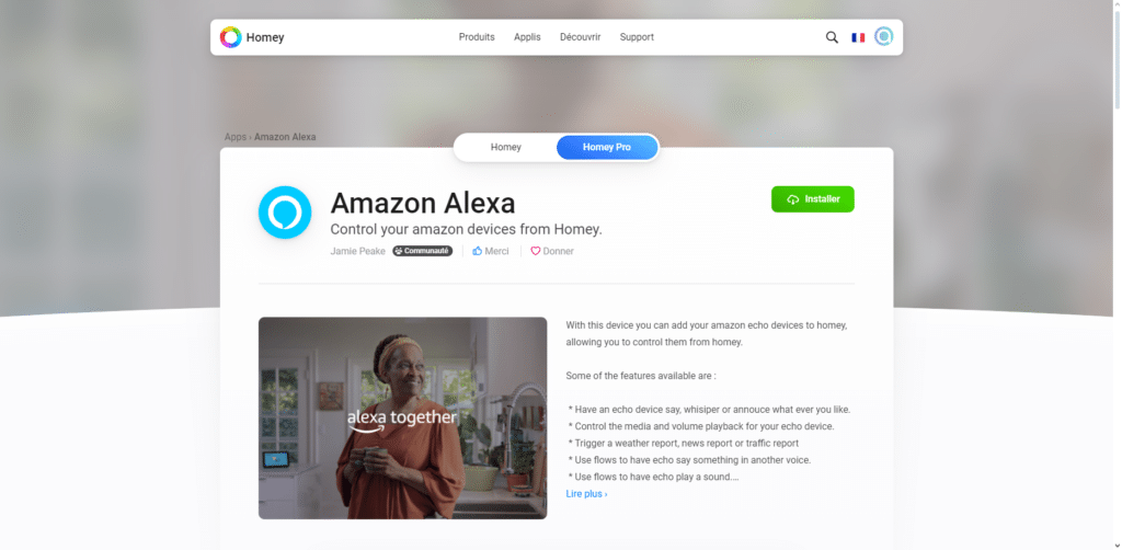 L'application Amazon Alexa pour Homey