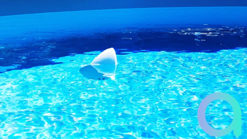 Dans la piscine, l'analyseur d'eau connecté Flipr ressemble à un aileron de requin