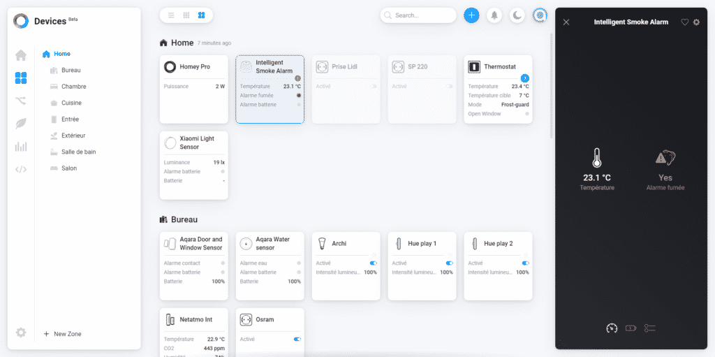 Le détecteur de fumée Frient ZigBee sur Homey