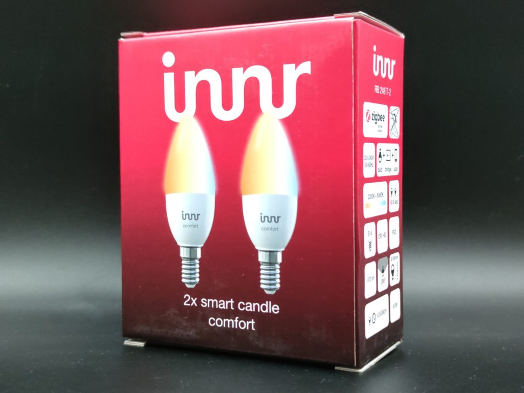 Packaging rouge flamboyant pour ces ampoules flammes Innr Smart Candle Comfort