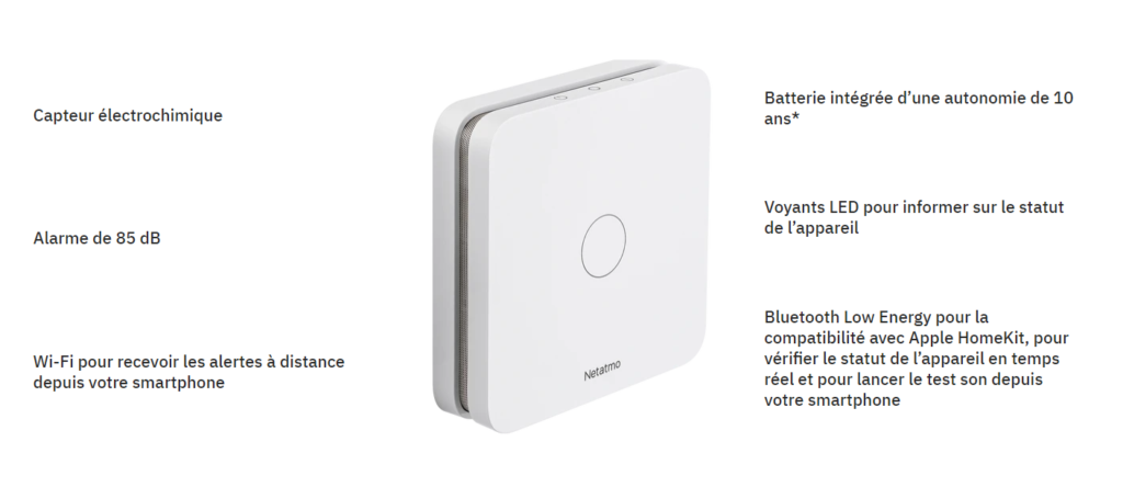 Fiche technique du détecteur de monoxyde de carbone de Netatmo