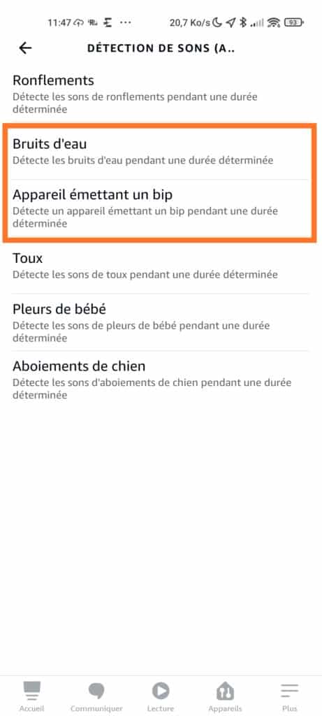 Détection des sons dans l'application Alexa